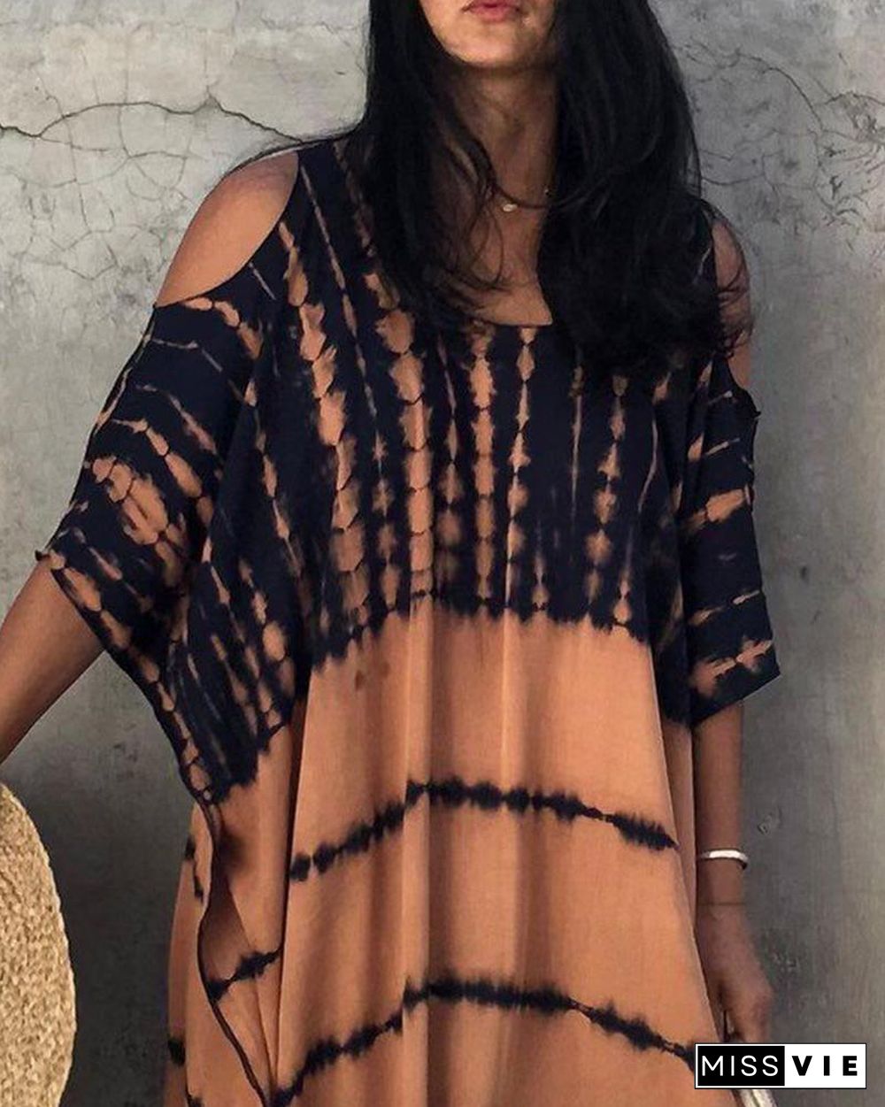 Tie-Dye Print Cold-Shoulder Casual Maxi Dress P15983