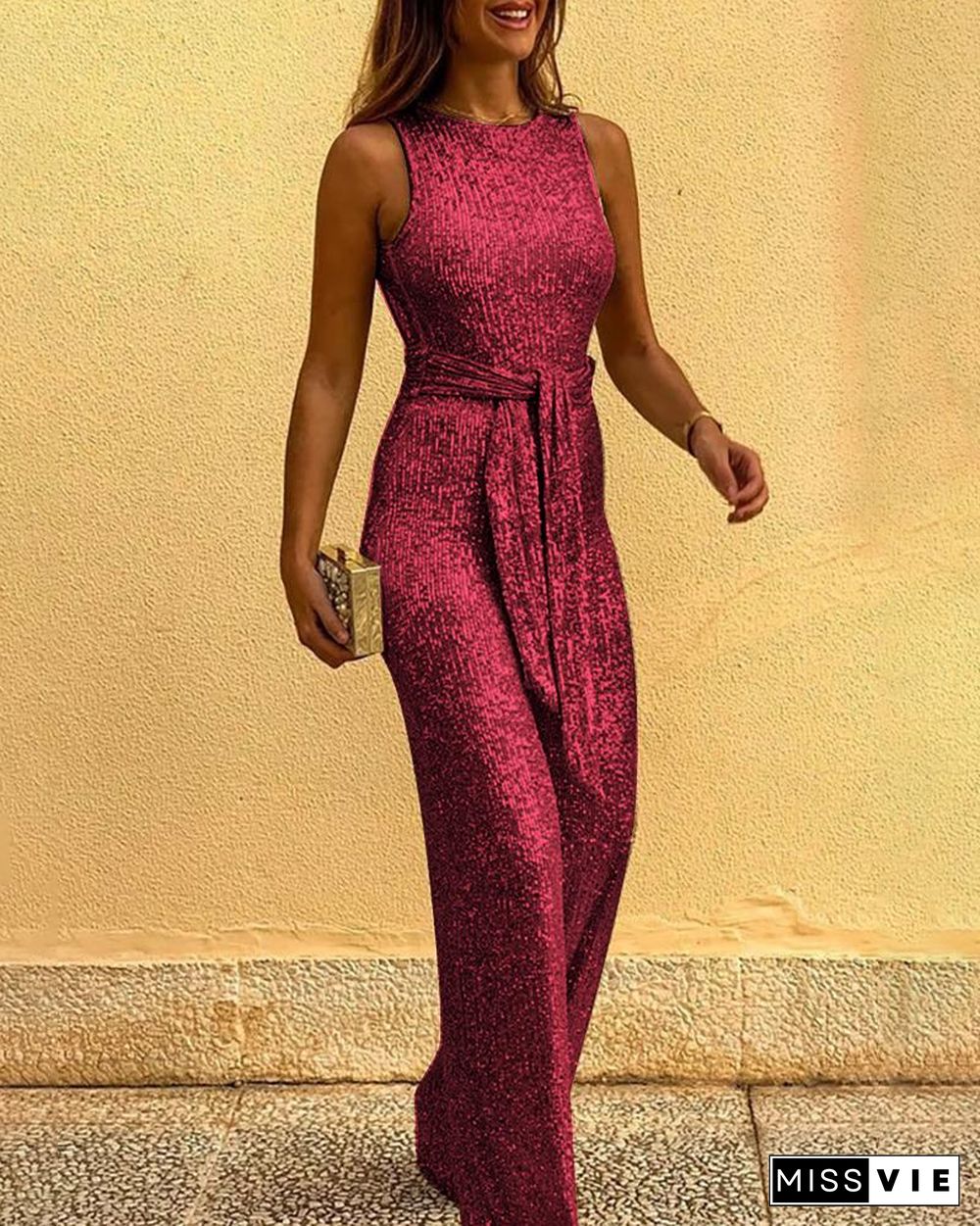 Glitter Round Neck Sleeveless Backless Sequins Jumpsuit