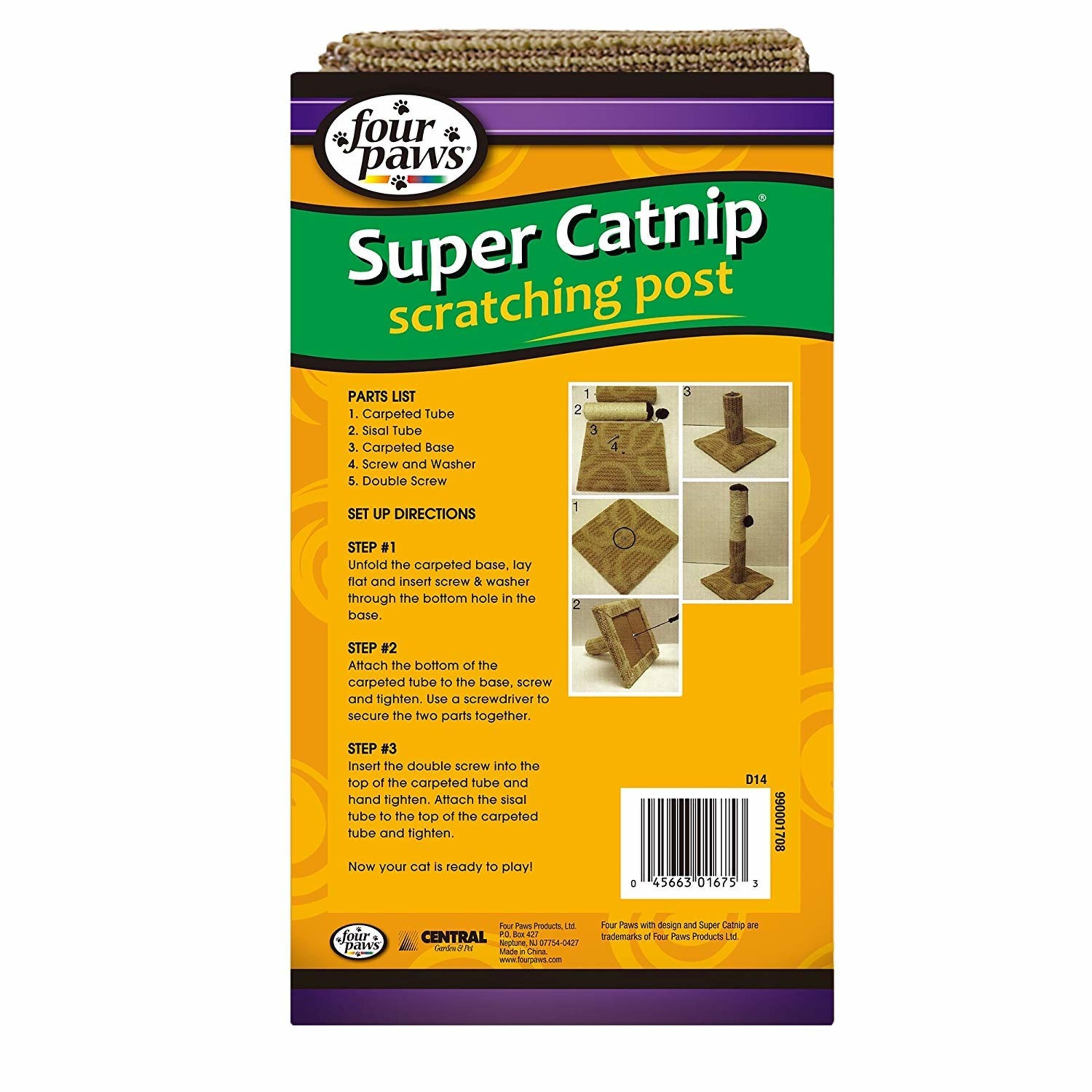 Four Paws Super Catnip Cat Scratching Post， Sisal and Carpet Scratching Post Brown 21 Inches Tall