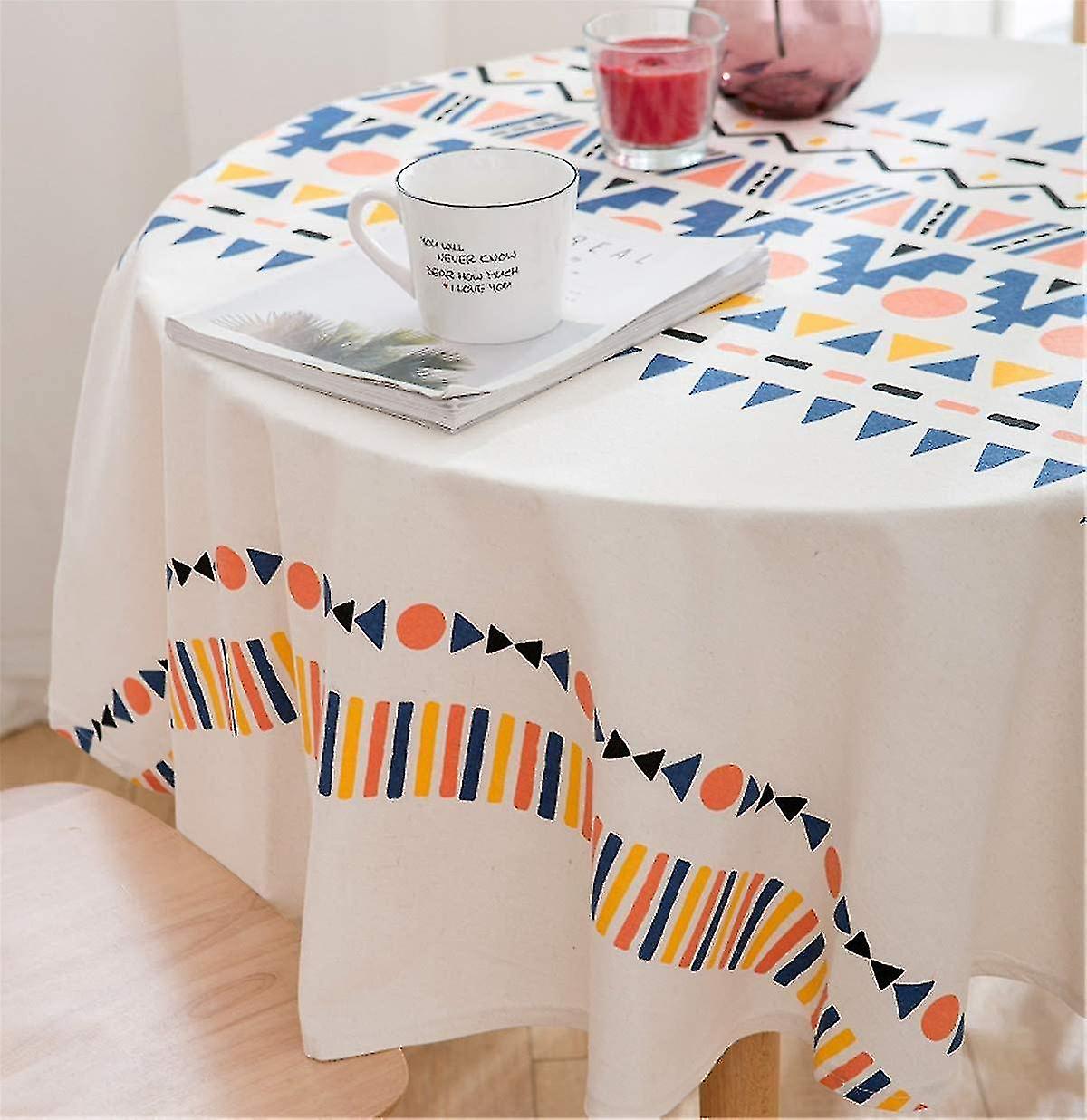 Cotton Linen Tablecloth Round Desk Protector Dust Oil Proof Table Cover For Kitchen Dining (multicolor Geometry)