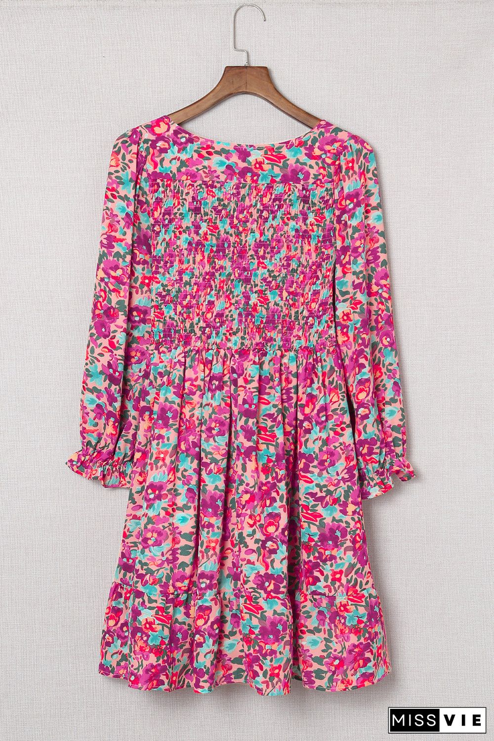 Purple Smocked V Neck Puffy Sleeve Floral Dress