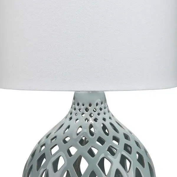 Table Lamp with Ceramic Bellied Body and Fretwork Pattern， Gray