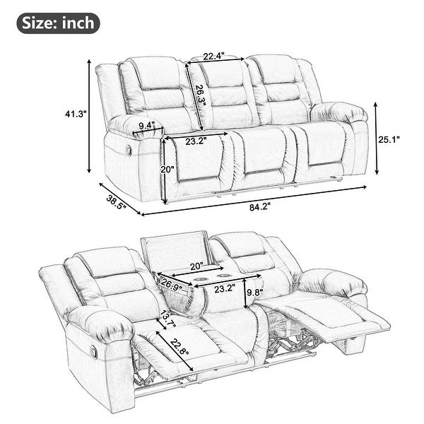 3 Pieces Recliner Sofa Sets in PU Leather for Living Room，Black - 3 Pieces Recliner Sofa Sets