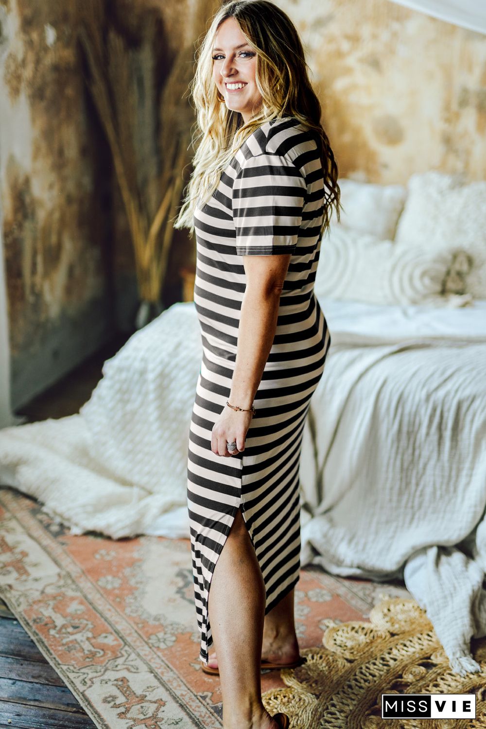 Black Plus Size Striped Print Long T-shirt Dress