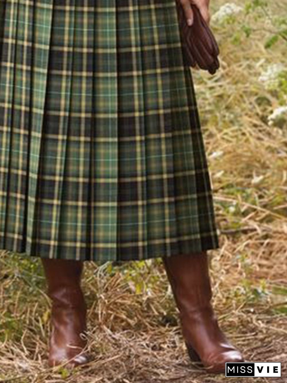 Green Plaid Printed Vintage Casual A-line Skirt