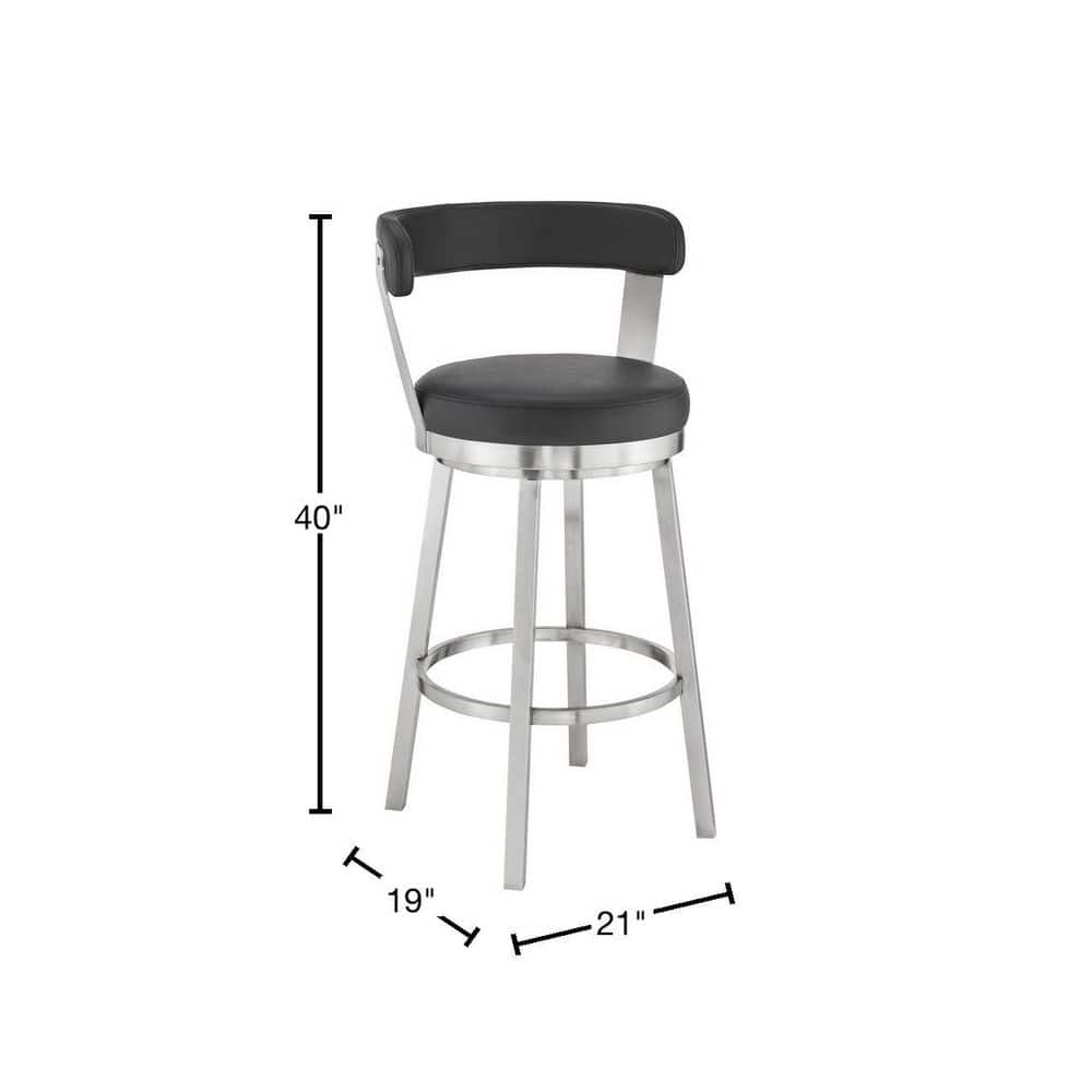 Armen Living Kobe 30 in. Bar Height Low Back Swivel Bar Stool in Brushed Stainless Steel and Black Faux Leather 721535761791