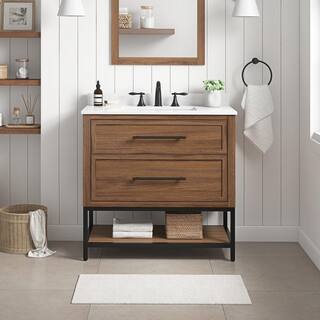 Home Decorators Collection Corley 36 in. W x 19 in. D x 34.50 in. H Single Sink Bath Vanity in Spiced Walnut  White Engineered Stone Composite Top Corley 36SW