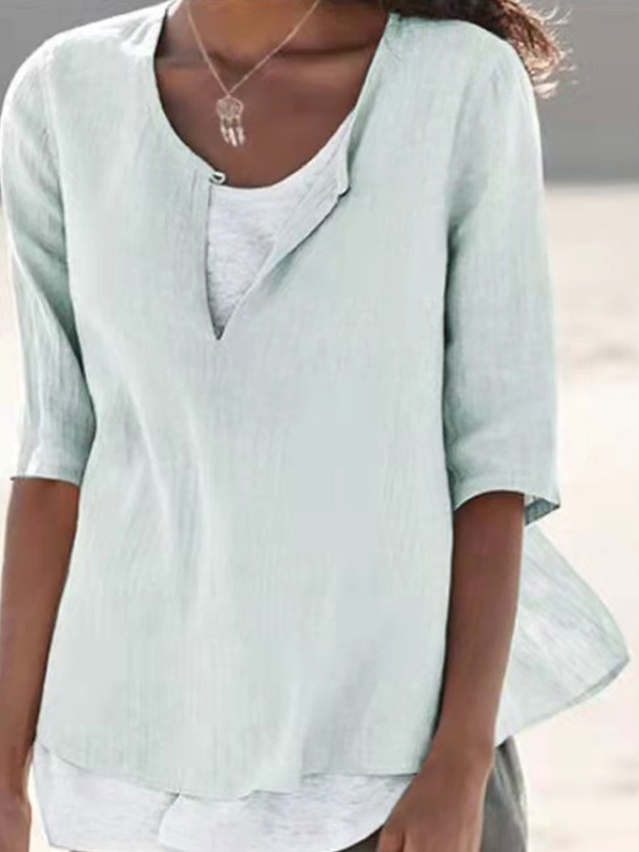 Round Neck Casual Loose Solid Color Long Sleeve Blouse