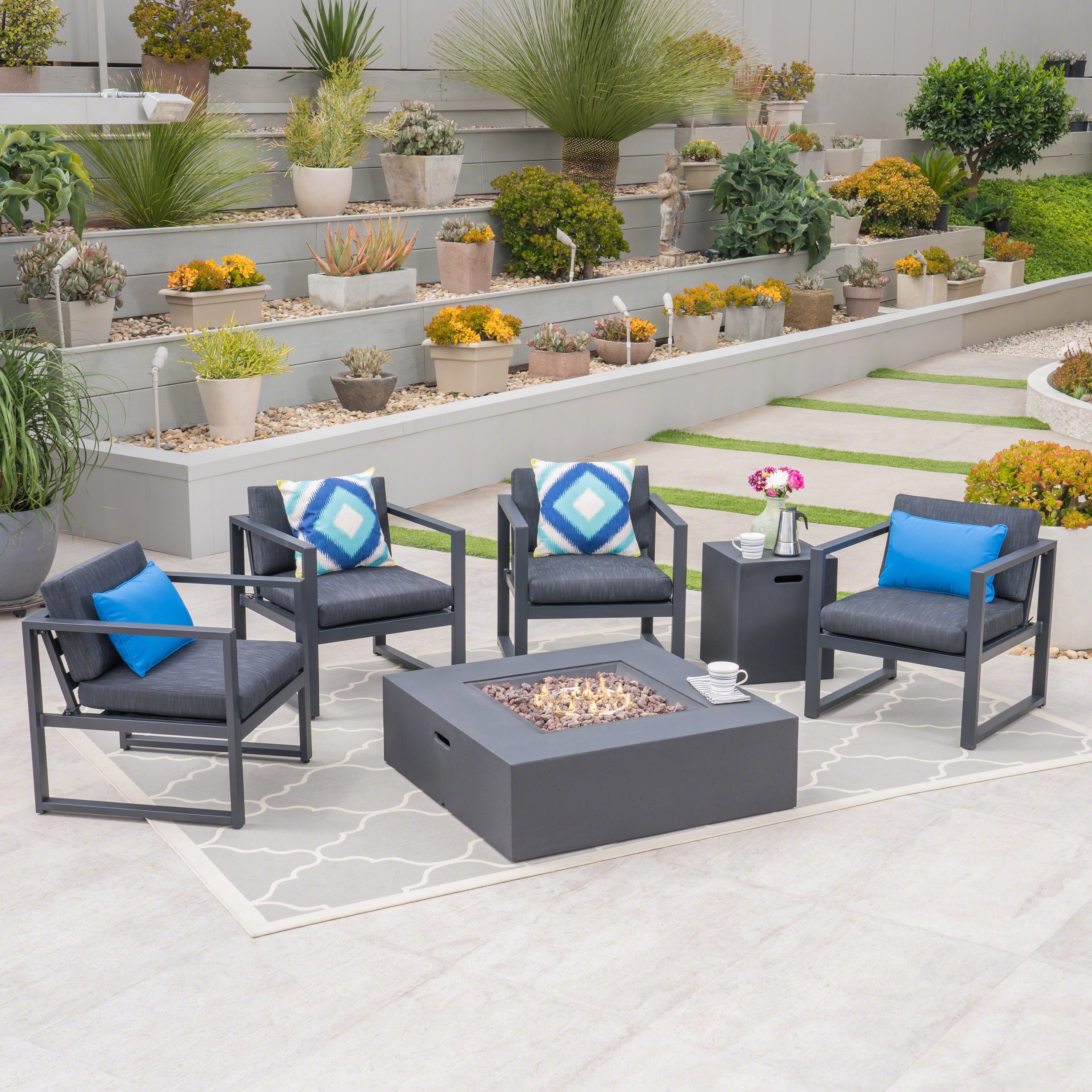 Wos Outdoor 4-Seater Aluminum Chat Set with Fire Pit, Black and Dark Gray