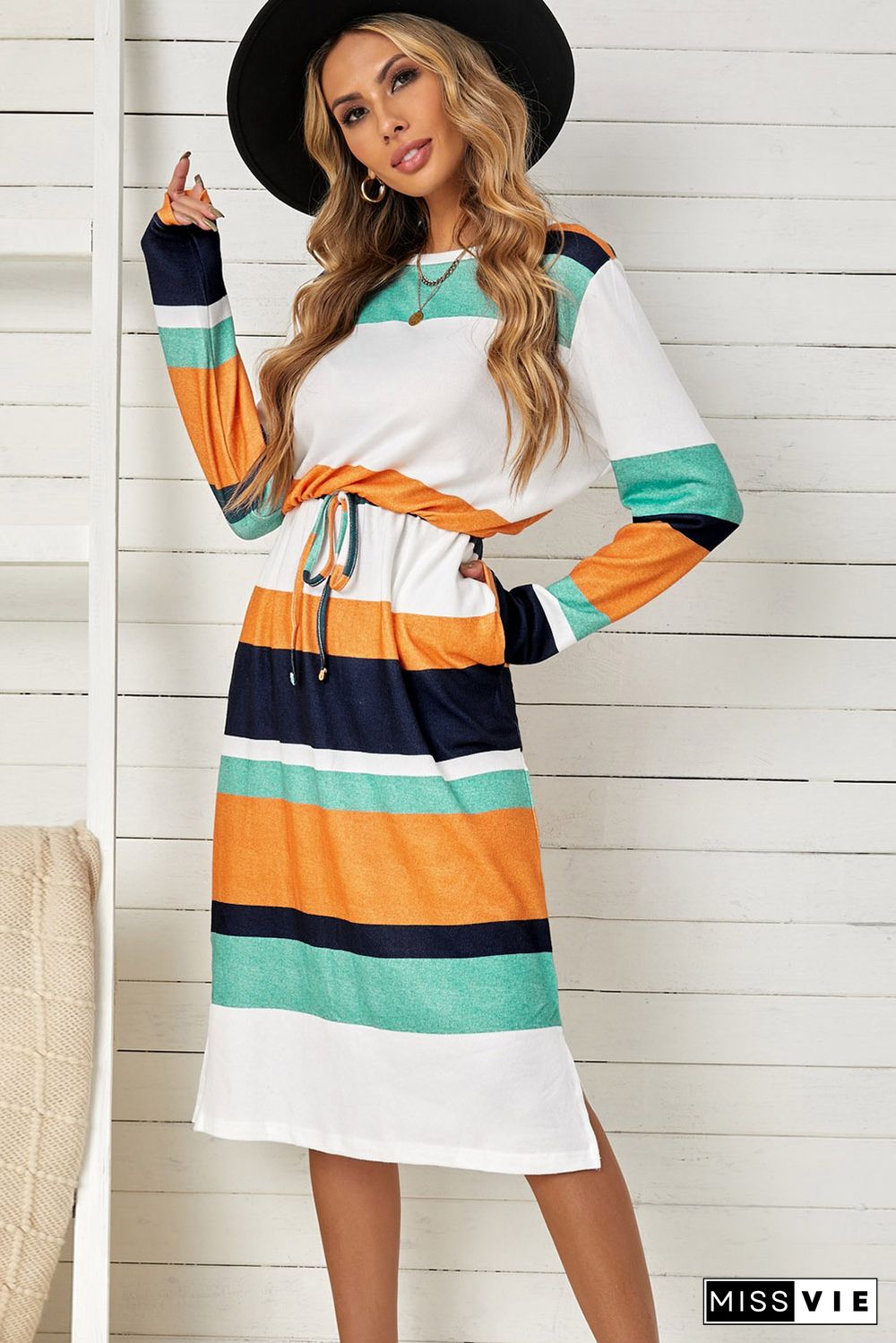 Green Multicolor Block Drawstring Waist Long Sleeve Midi Dress