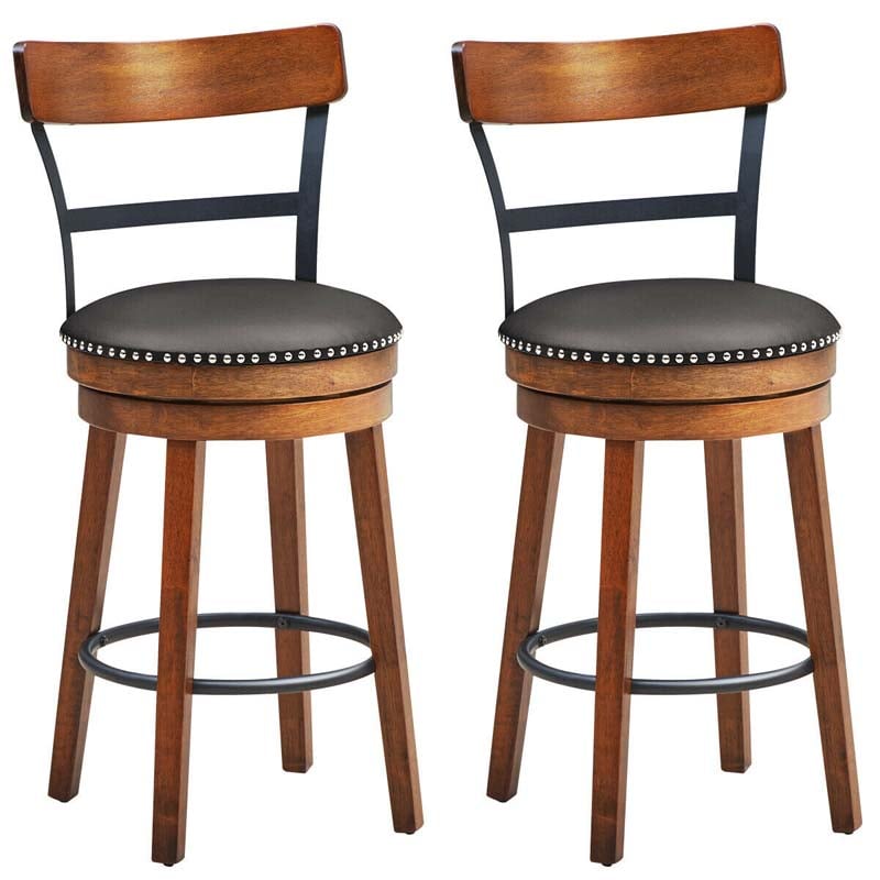 2-Pack 25.5 Wooden Swivel Bar Stools Counter Height Pub Kitchen Dining Chairs with Leather Padded Seat