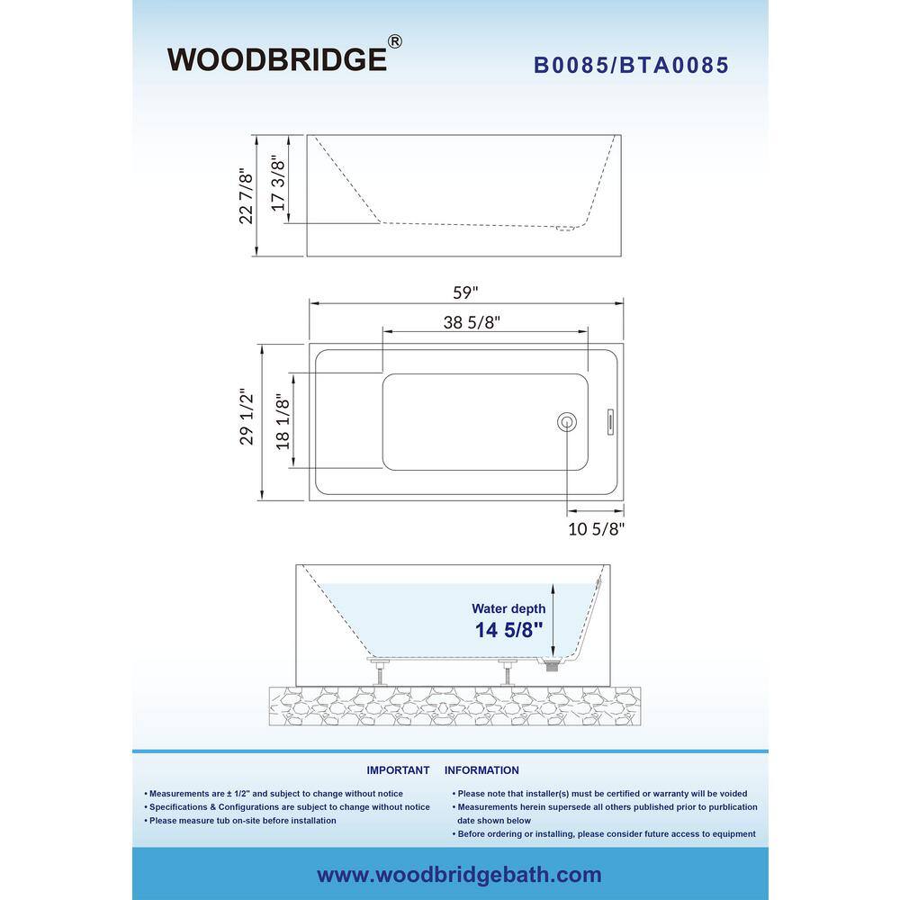 WOODBRIDGE Ahri 59 in. Acrylic Flatbottom Rectangle Bathtub with Matte Black Overflow and Drain Included in White HBT5897