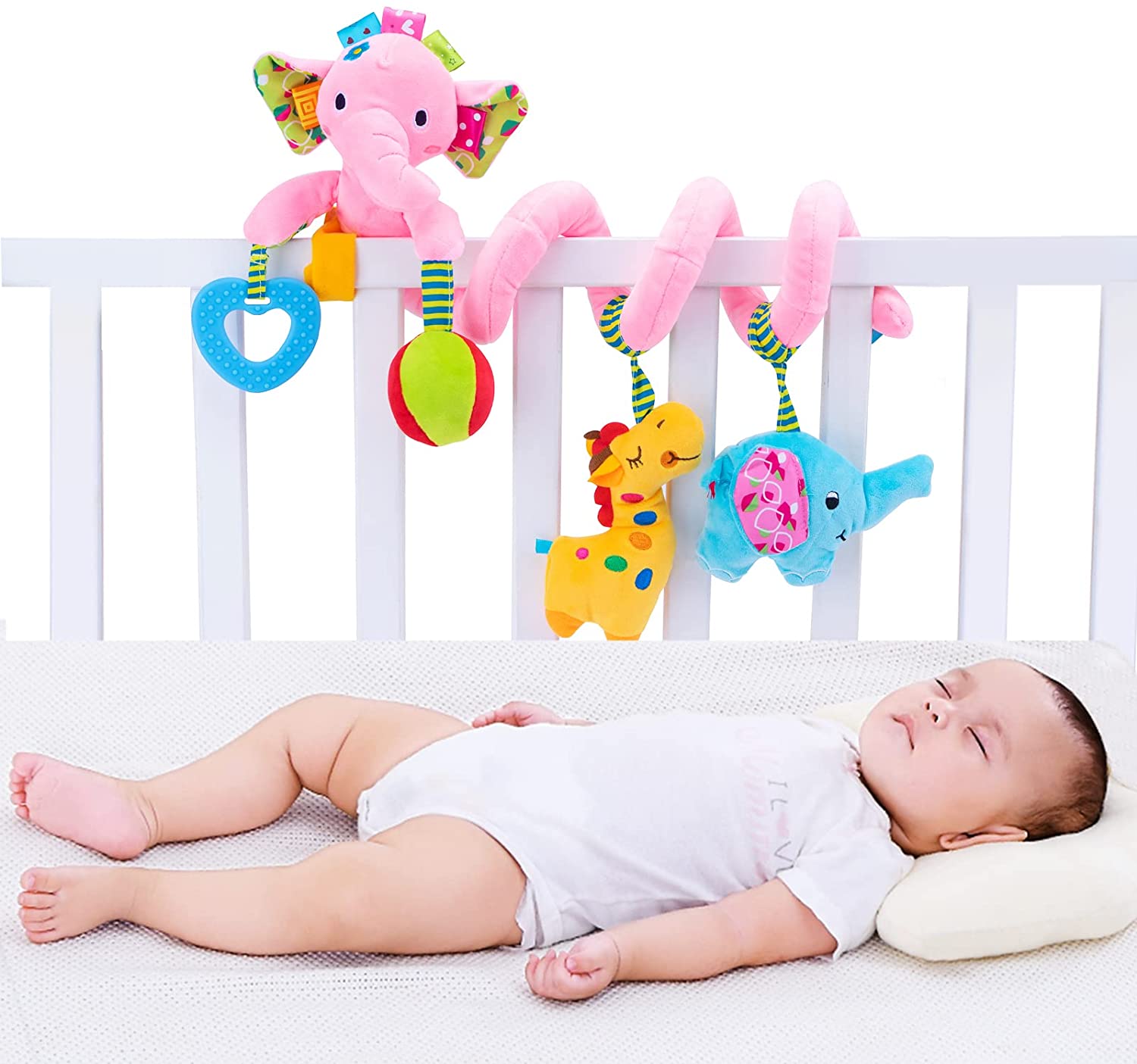 Car Seat Newborn Toys， Infant Baby Stroller Toy 0-12 Months， Hanging Plush Rattles Crib Toys for 3 6 9 Babies Boys Girls Enfants(Pink Elephant)