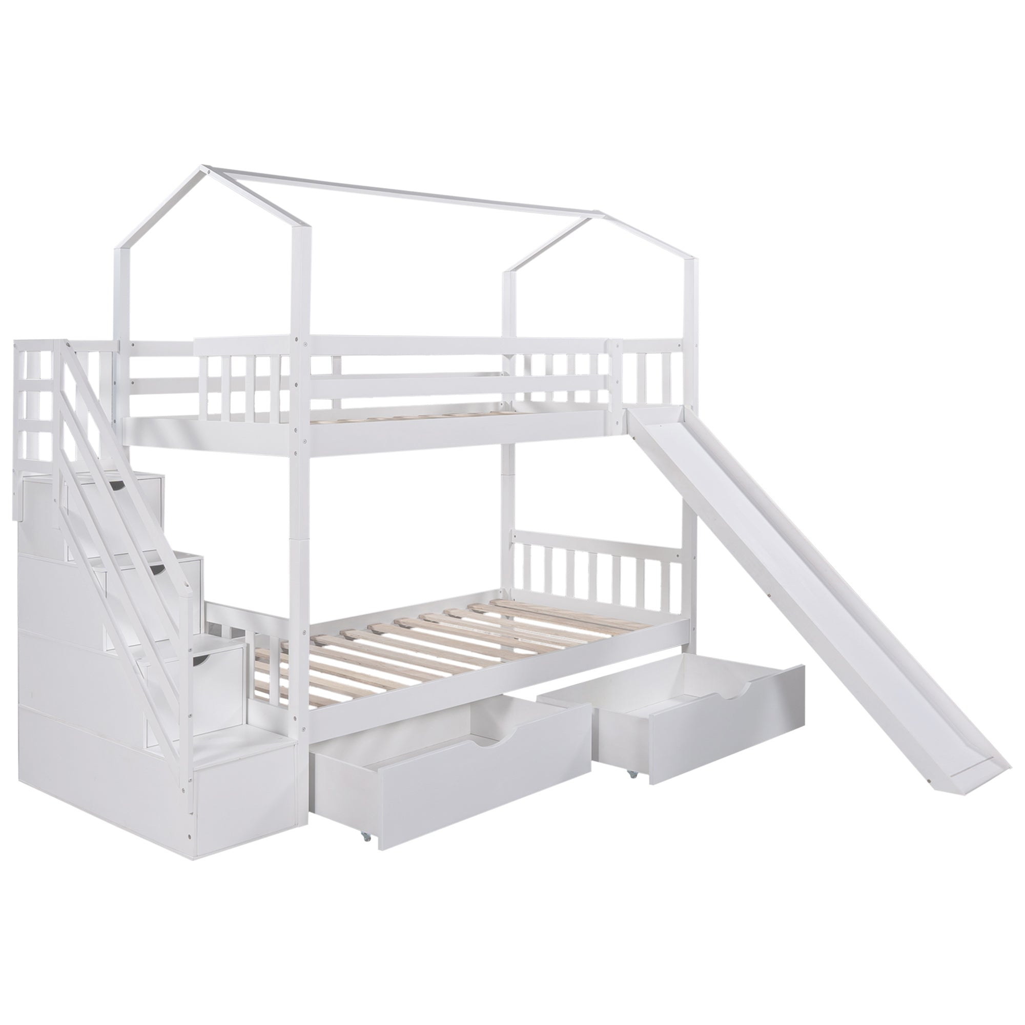 Euroco Twin House Bunk Bed with Storage for Kids, White