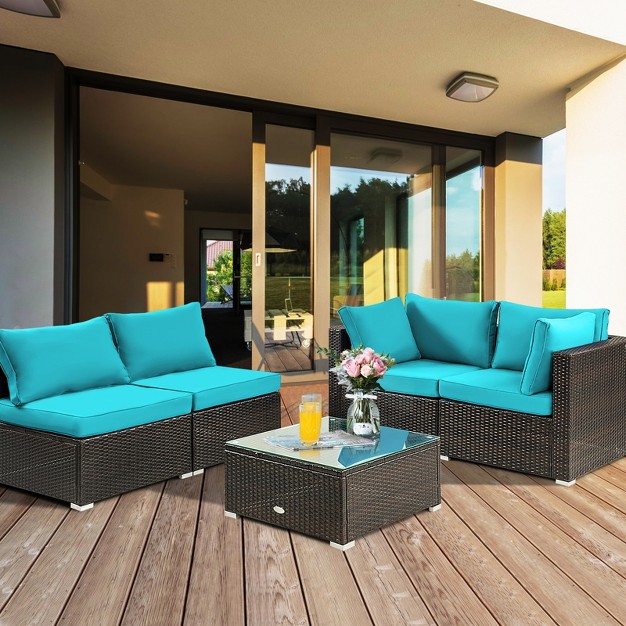 Tangkula 5pcs Rattan Patio Furniture Set Cushioned Sofa Chair Coffee Table Set Easy Assemble Red turquoise white navy black