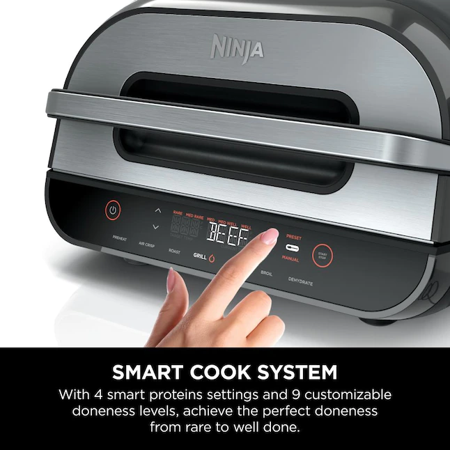 Ninja FG551 Foodi Smart XL 6-in-1 Indoor Grill with Air Fry， Roast， Bake， Broil and Dehydrate， Smart Thermometer， Black/Silver