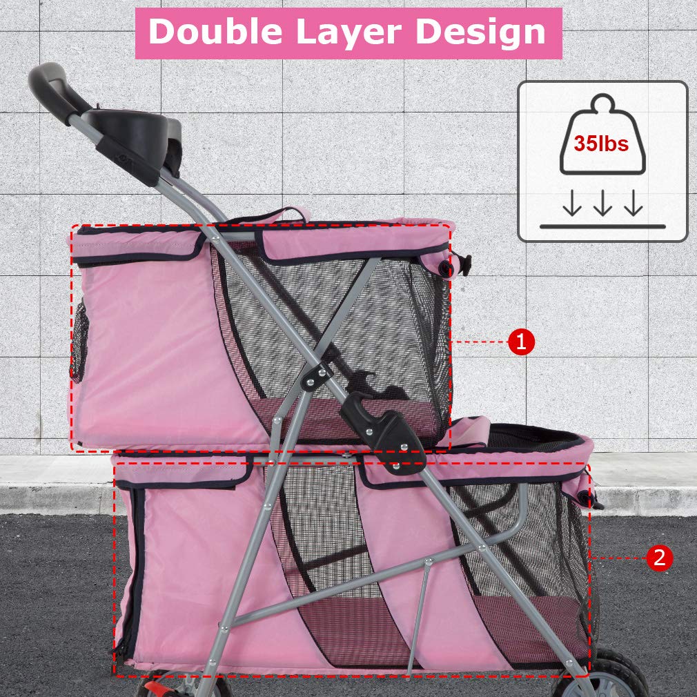 Dog Stroller Cat Stroller Pet Carriers Bag Jogger Stroller for Small Medium Dogs Cats for Travel Camping with 4 Wheels， Soft Pad， Pink