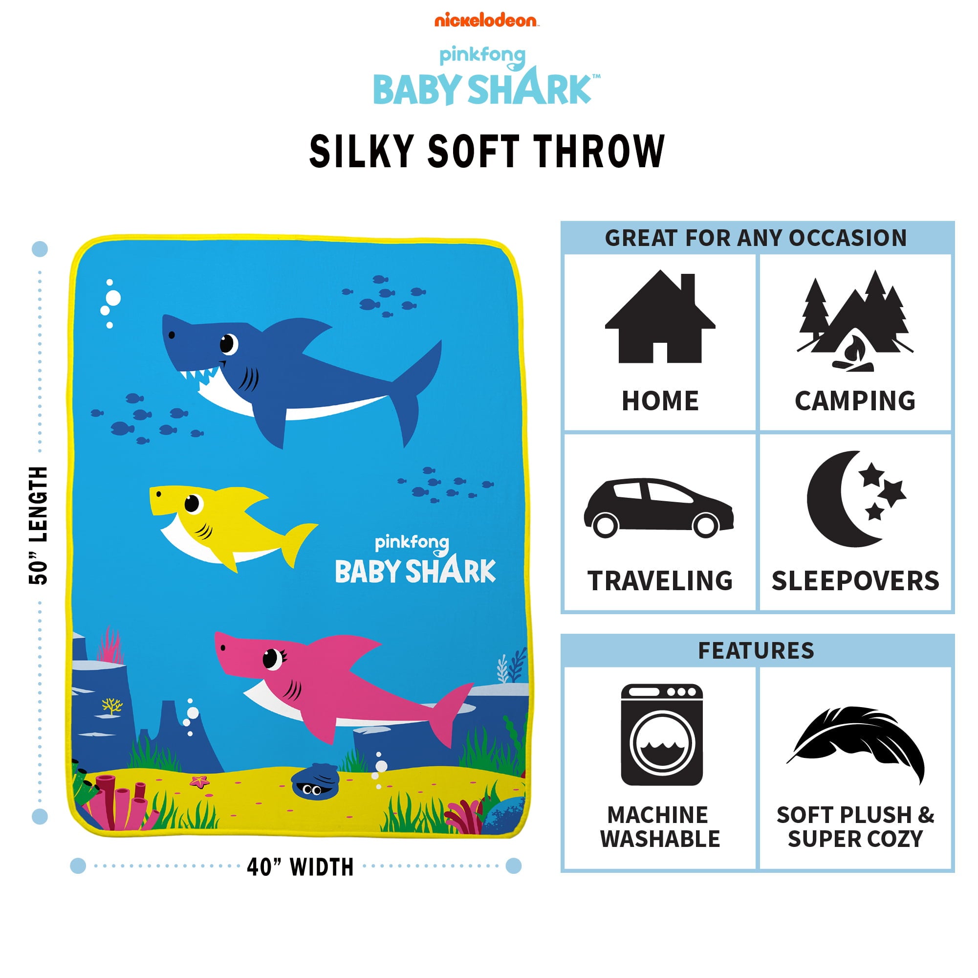 Baby Shark Kids Silky Soft Plush Throw Blanket， 40 x 50， Blue， Nickelodeon