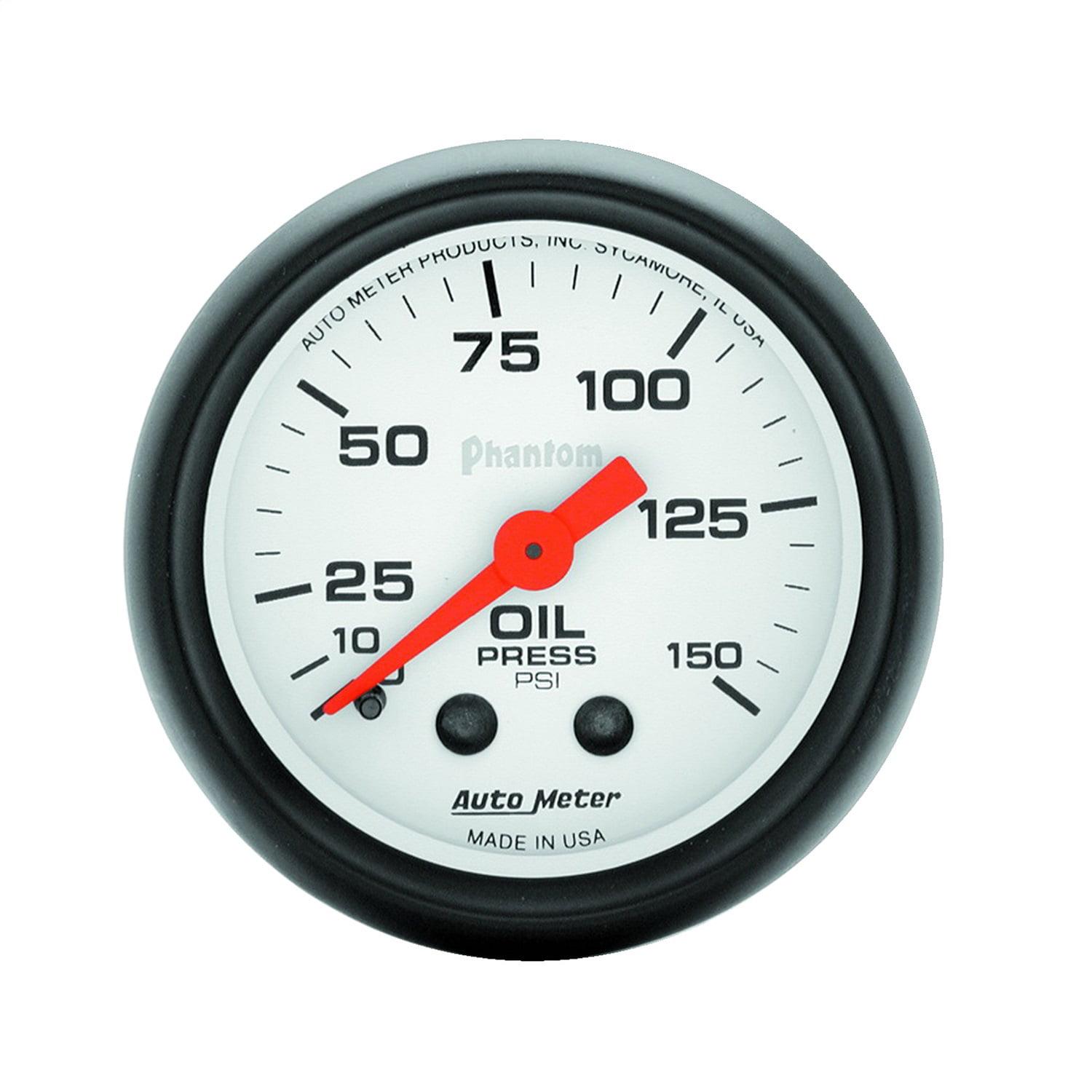 AutoMeter 5723 Phantom Mechanical Oil Pressure Gauge; 2-1/16 in.; White Dial Face; Fluorescent Red Pointer; White Incandescent Lighting; Mechanical; 0-150 PSI;