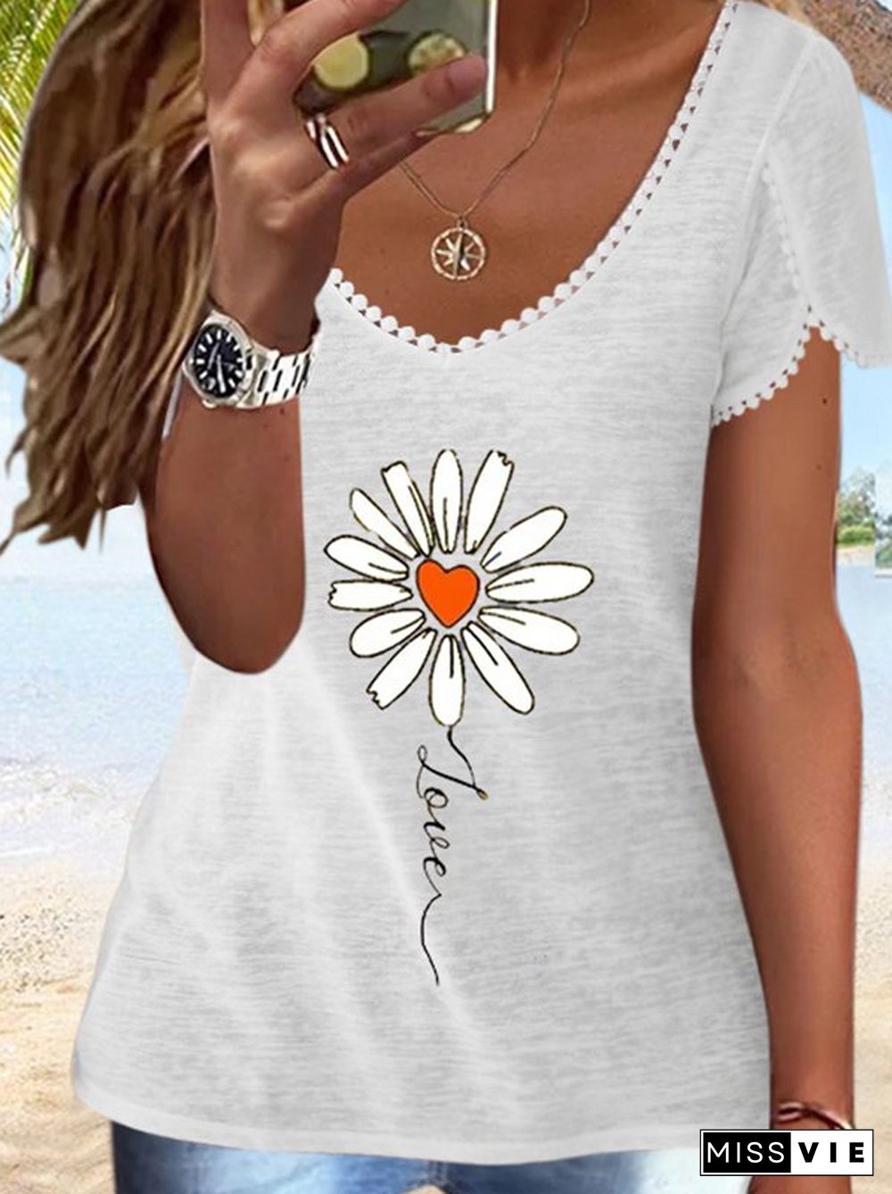 Casual V Neck Floral Short Sleeve T-Shirt