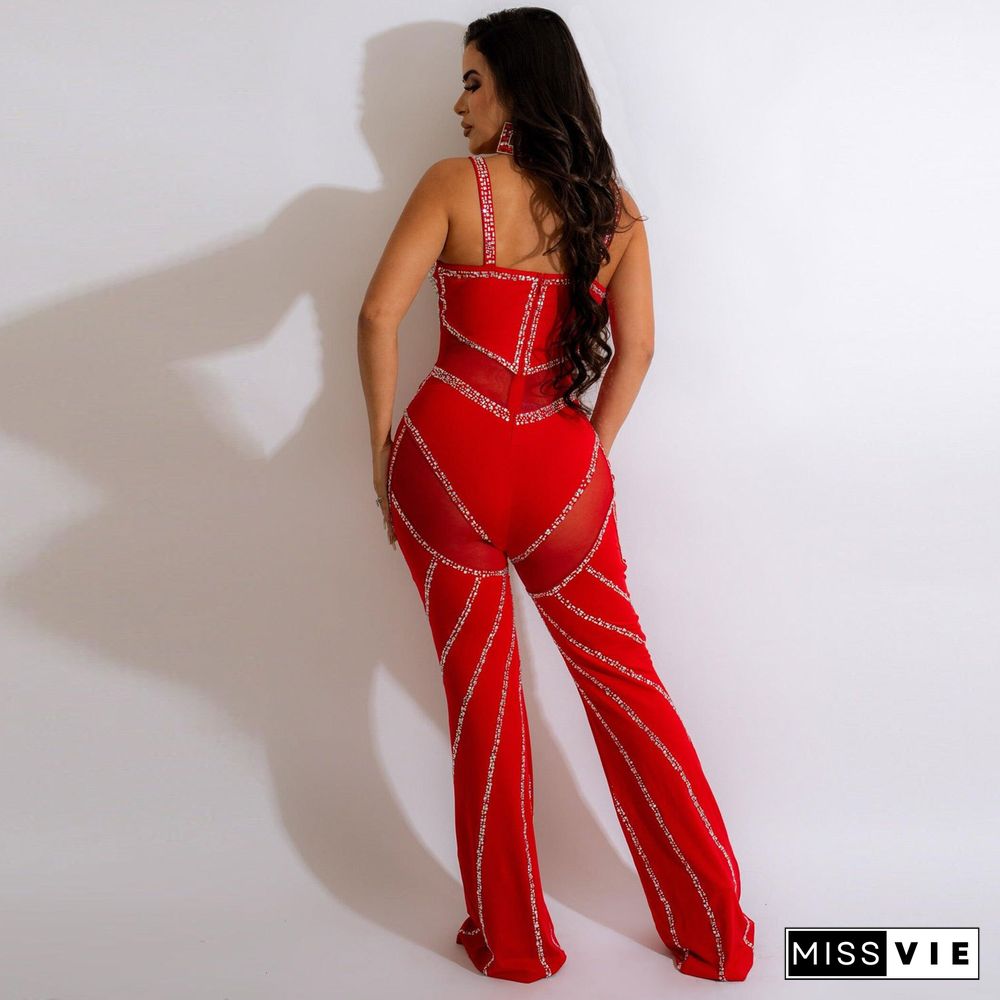 Deep V Backless Sling Hot Drilling Nightclub Jumpsuit