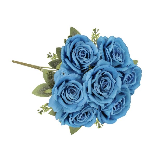 Set of 2 Deluxe Blue Artificial Elegant Rose Flower Stem Bush Bouquet 17in