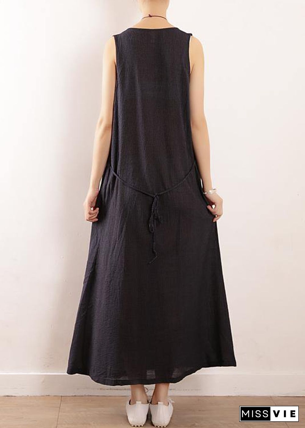 Elegant dark blue linen cotton Robes Fine Sewing Sleeveless drawstring Maxi Summer Dresses