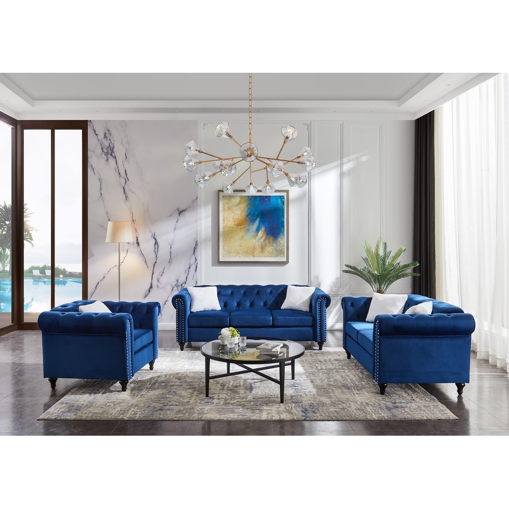 Contemporary Velvet 3 Piece Upholstered Living Room Sofa Set with Three Seater Sofa  Love Seat  Sofa Chair