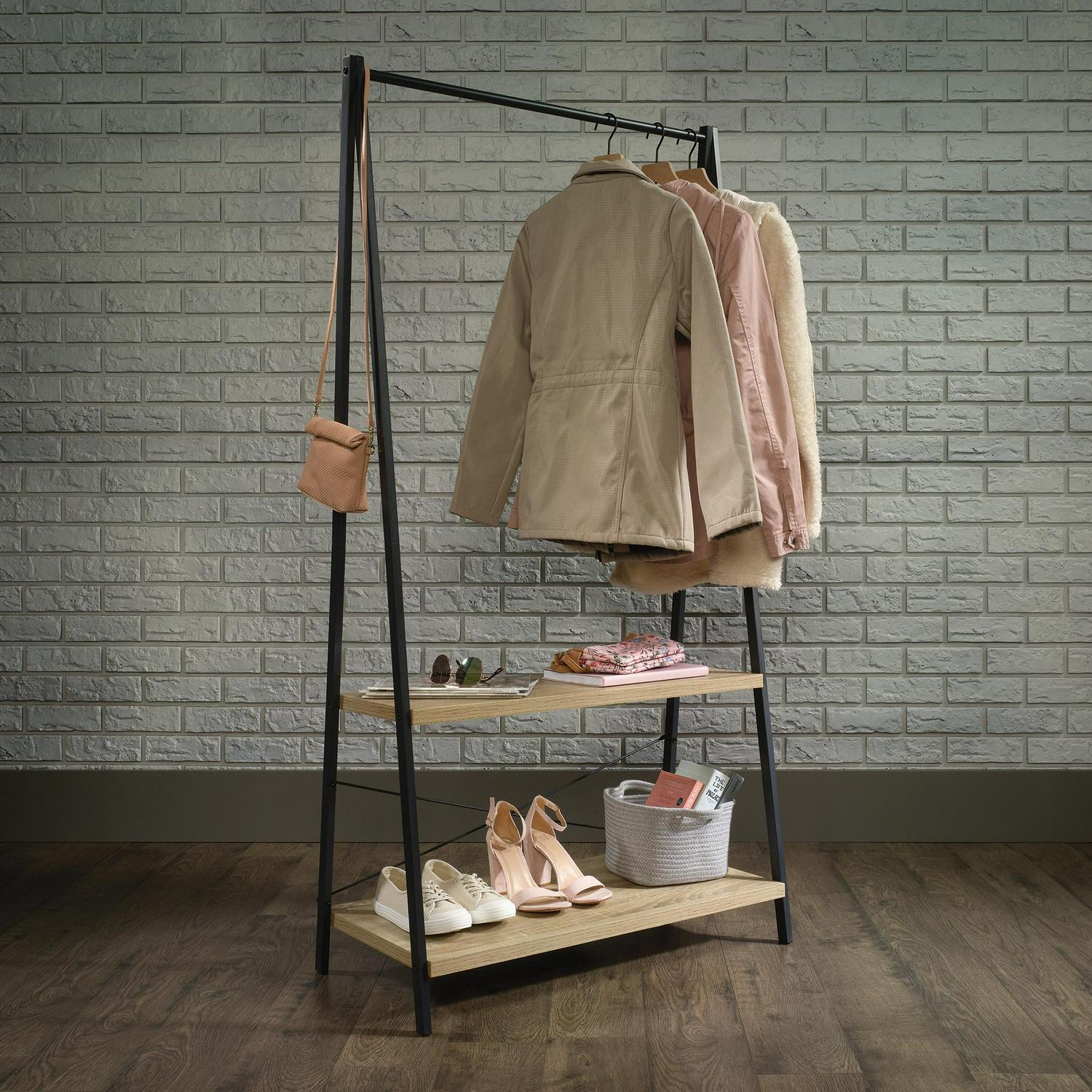 Curiod Hall Tree with Clothing Rack Charter Oak Finish  Crowdfused