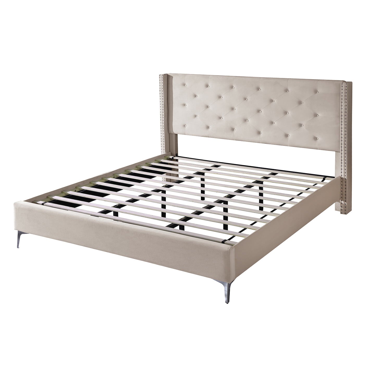 Morden Fort Wood Platform Bed Frame with Upholstered Headboard Queen Cream