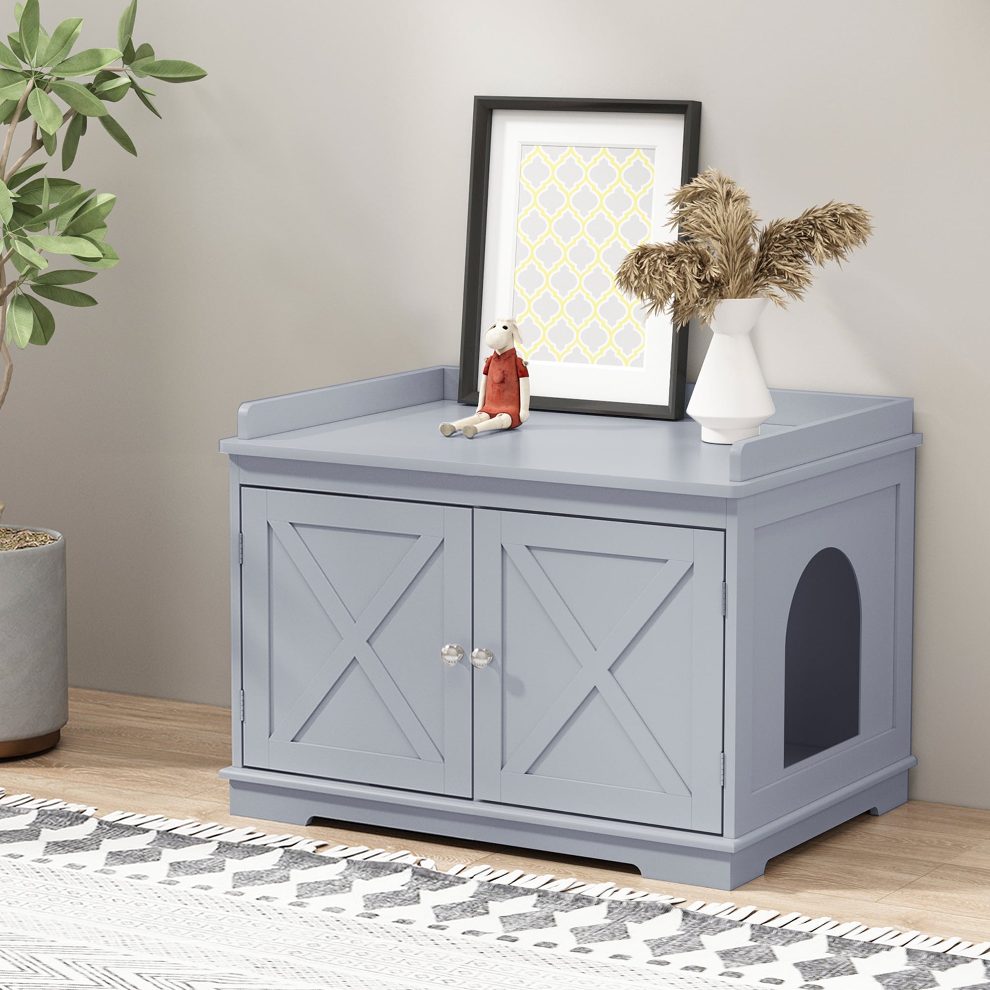 HLR Hidden Cat Litter Box Enclosure Furniture， Gray