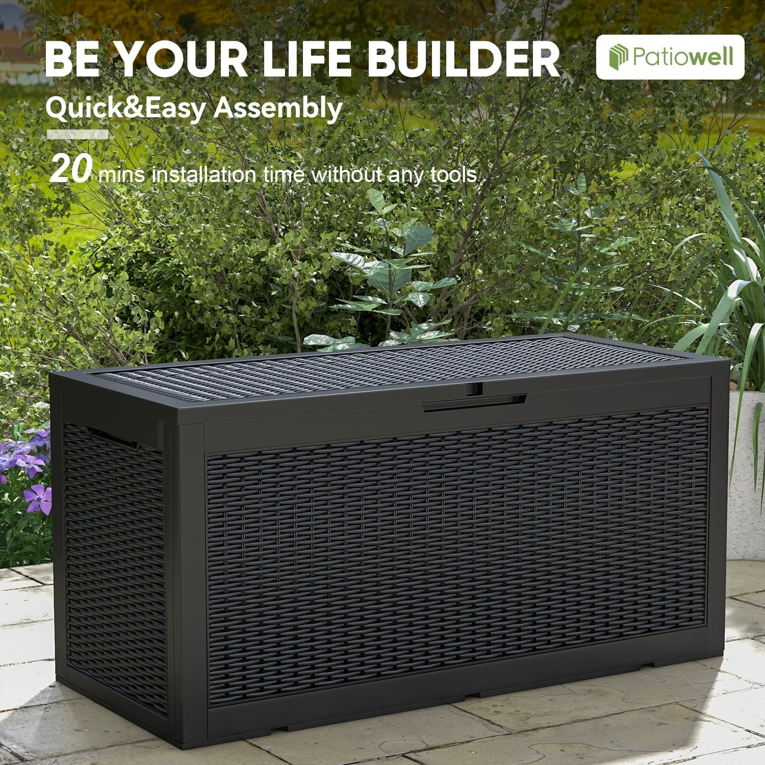 Patiowell 105 Gallon Deck Box Outdoor Resin Plastic Deck Storage Box, Black