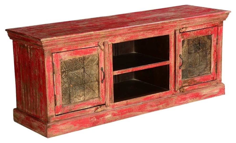 Flaming Red Mango Wood 59 quotTV Console Media Cabinet   Farmhouse   Entertainment Centers And Tv Stands   by Sierra Living Concepts Inc  Houzz