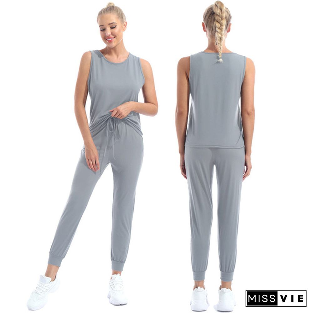 Women’S Solid Color Two Piece Outfit Sleeveless Crewneck Pullover Tops And Long Pants Sweatsuits Tracksuits