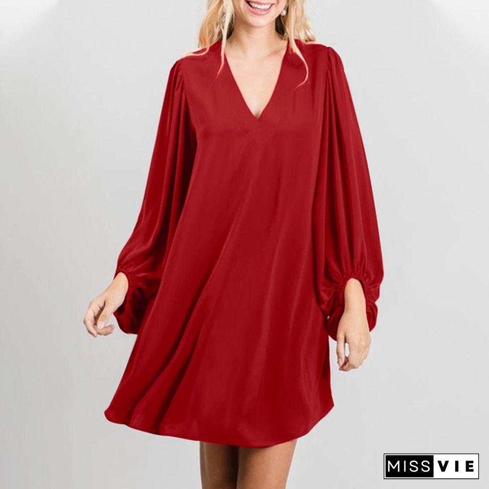 Women Casual Loose Mini Dress Lantern Long Sleeve V Neck Party Short Dress Plus Size Clothes