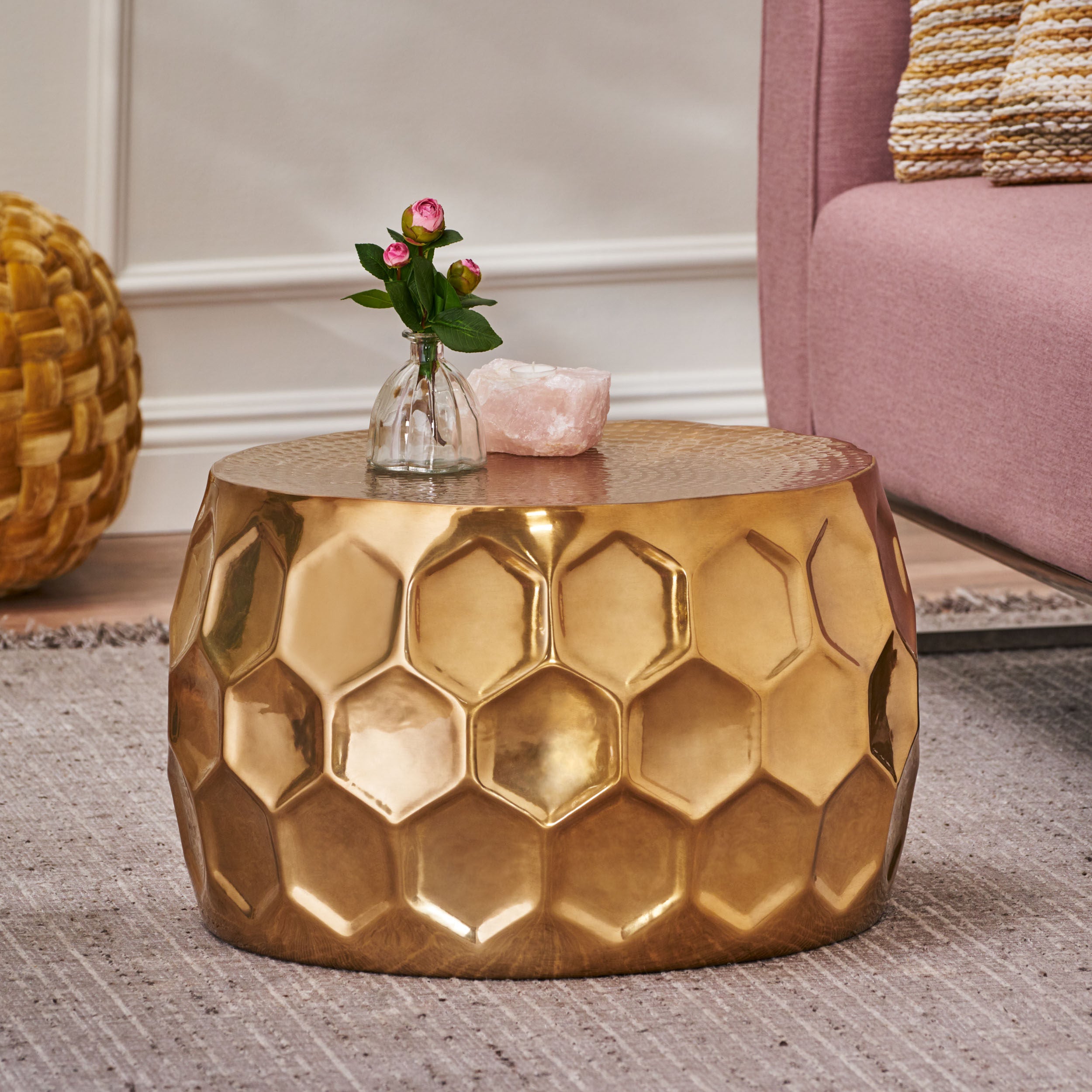 Pitzen Modern Glam Handcrafted Aluminum Honeycomb Coffee Table, Brass