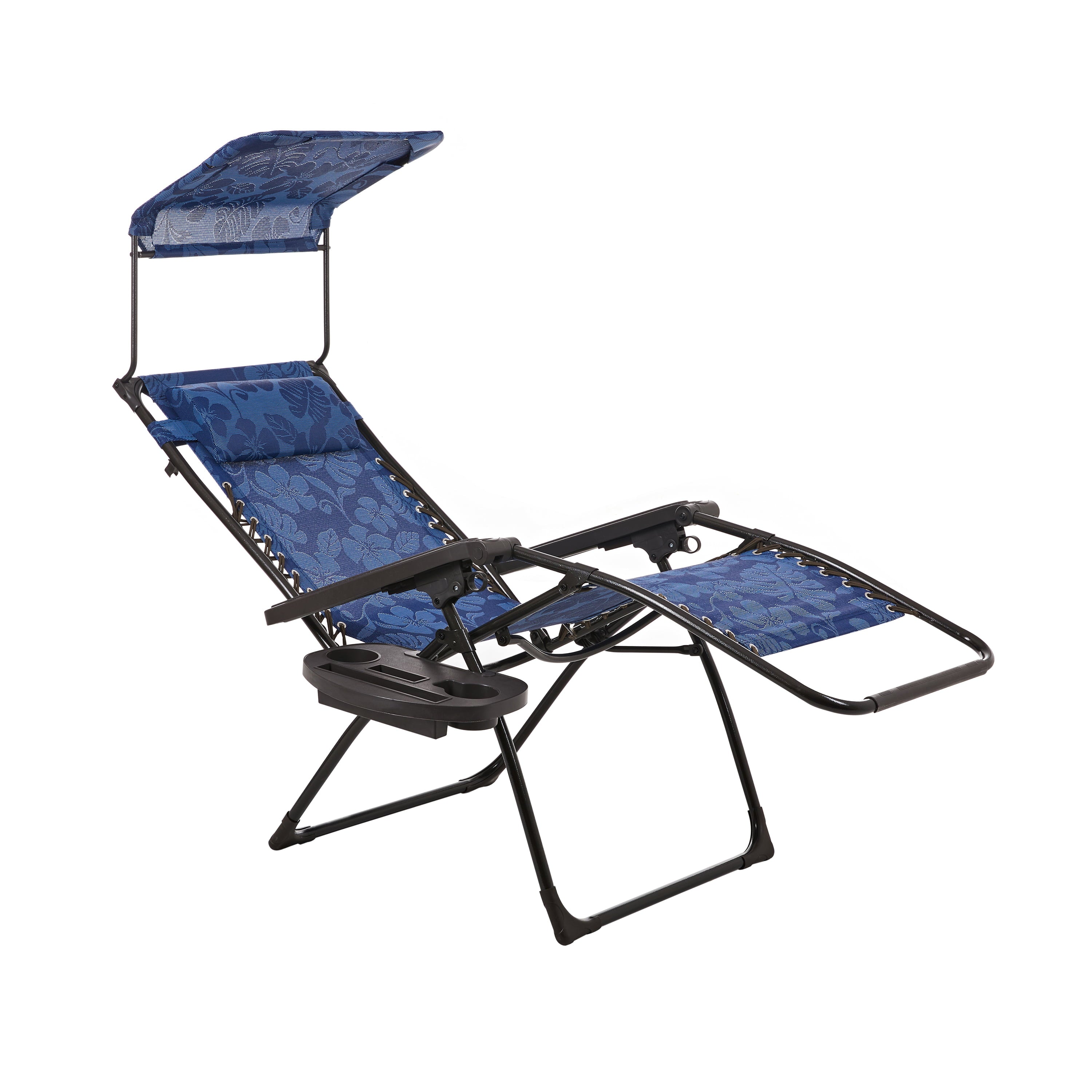 Bliss Hammocks Blue Flower 26" Wide Zero Gravity Chair w/ Adjustable Canopy, Drink Tray & Pillow, 300 Lb. Capacity