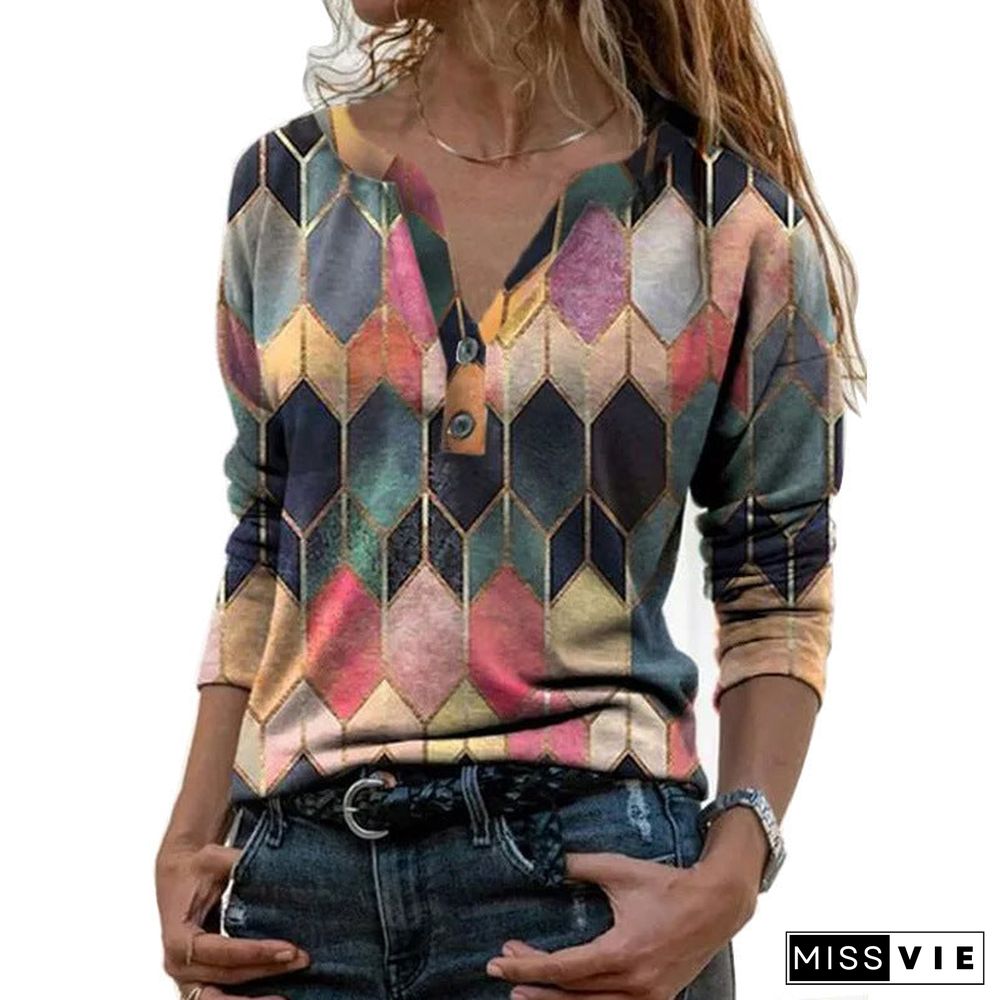 Women's Long Sleeve Printed V-neck Pullover Loose Blouses