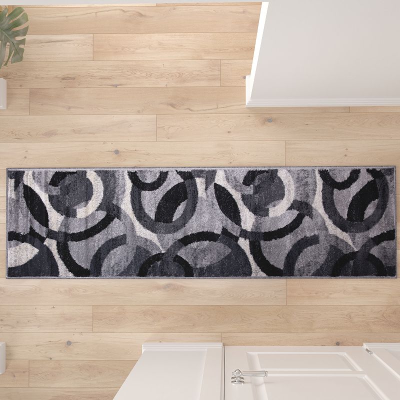 Masada Rugs Masada Rugs， Thatcher Collection Accent Rug with Interlocking Circle Pattern in Black/Grey with Olefin Facing and Natural Jute Backing - 2'x7' Runner