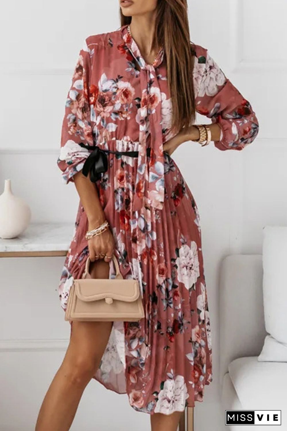 Floral Fold With Belt Ribbon Collar Pleated Dresses