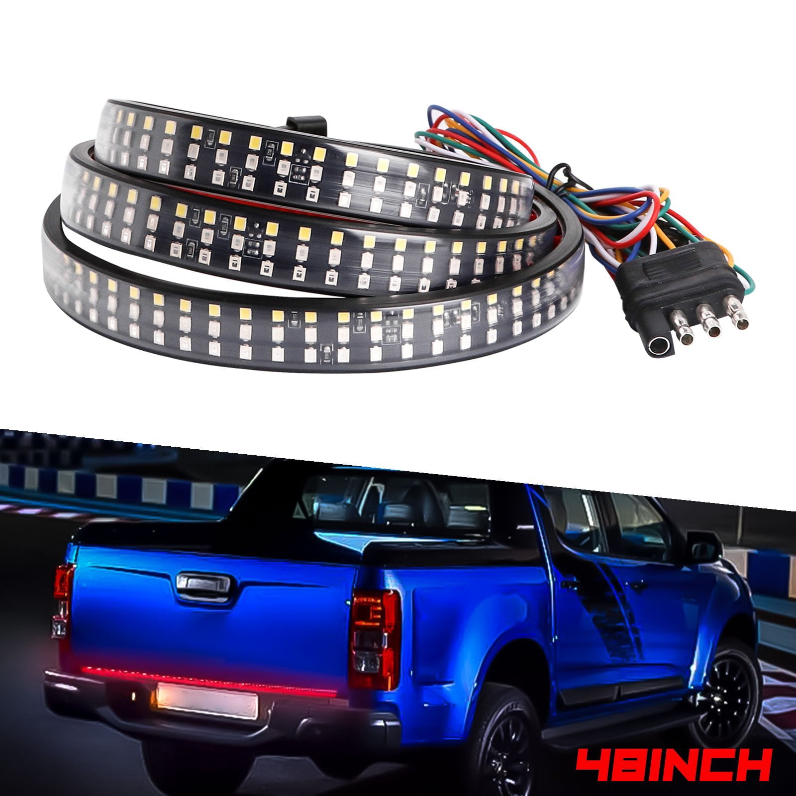 Xotic Tech 1pc 432-SMD 5-Functions Flowing LED Tailgate Strip Light for Turn Signal， Brake， Running， Reverse and Double Flash Compatible with Pickup Trucks Trailers RV Van， Amber/Red/White (48