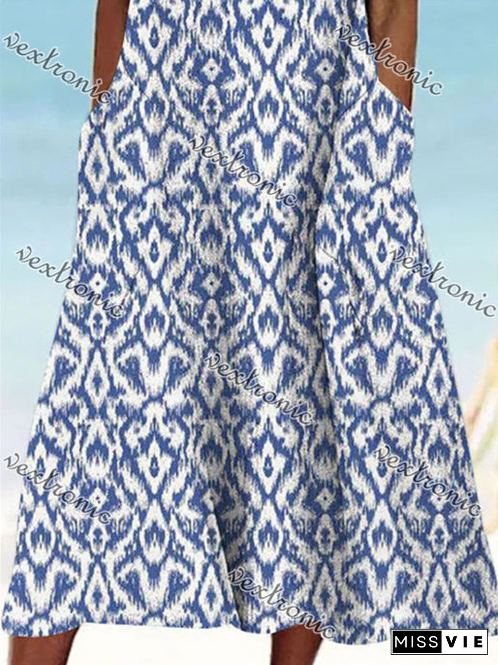 Women's Blue Sleeveless Scoop Neck Pockets Graphic Printed Midi Dress