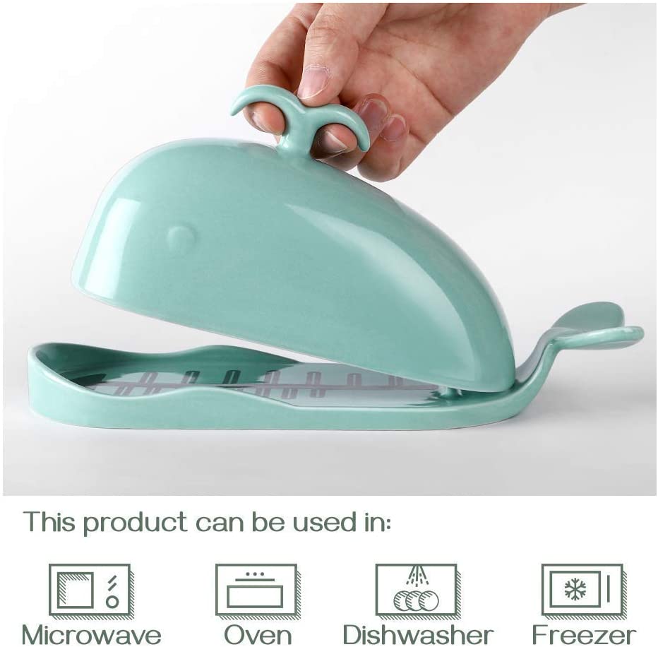 DOWAN Porcelain Butter Dish With Cutting Measuring Line， Large Whale Butter Dish with Cover of Non-slip Design， Ceramic Butter Dishes with Handle for East/West Coast Butter， Turquoise