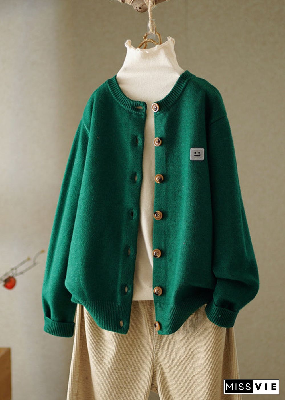 Boutique Green O-Neck Embroideried Button Knitted Cotton Thread Cardigans Fall