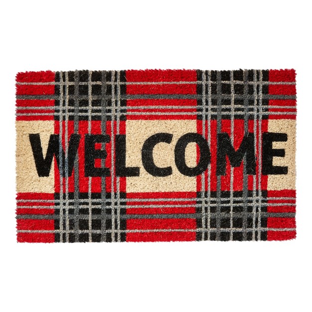 Welcome Sentiment Red And Black Plaid Rectangle Indoor And Outdoor Coir Door Mat Red Black On Beige Background