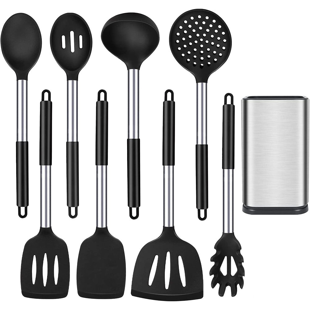 Silicone Cooking Utensils Set,8 Piece Non-Stick Cookware,BPA Free Heat Resistant Kitchen Tools with Stainless Steel Handle & Storage Bucket