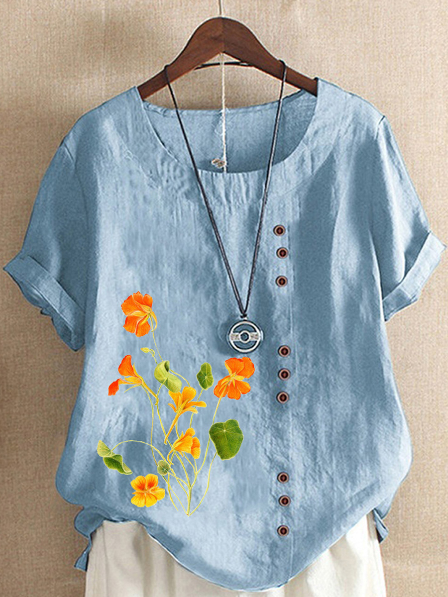 Casual Floral Print Crew Neck Short Sleeve Blouse