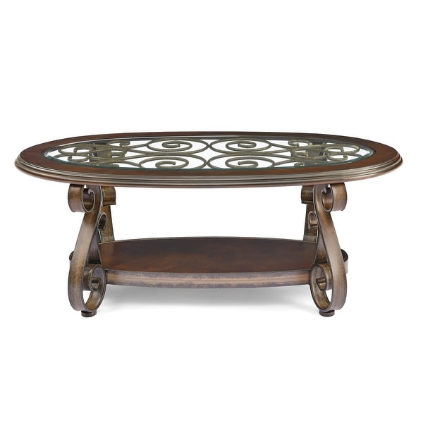 Oaks Aura Dark Brown French Country Coffee Table with Glass Table Top and Powder Coat Finish Metal Legs