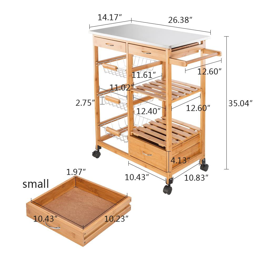 Ktaxon Wood Kitchen Trolley Cart Stainless Steel Top Rolling Storage Cabinet Island