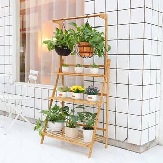 AESOME 56.8 in. x 27.5 in. Bamboo Hanging Plant Stand 3-Tier Ladder Display Rack for Garden Patio Succulent Basket Planter HJ70DL